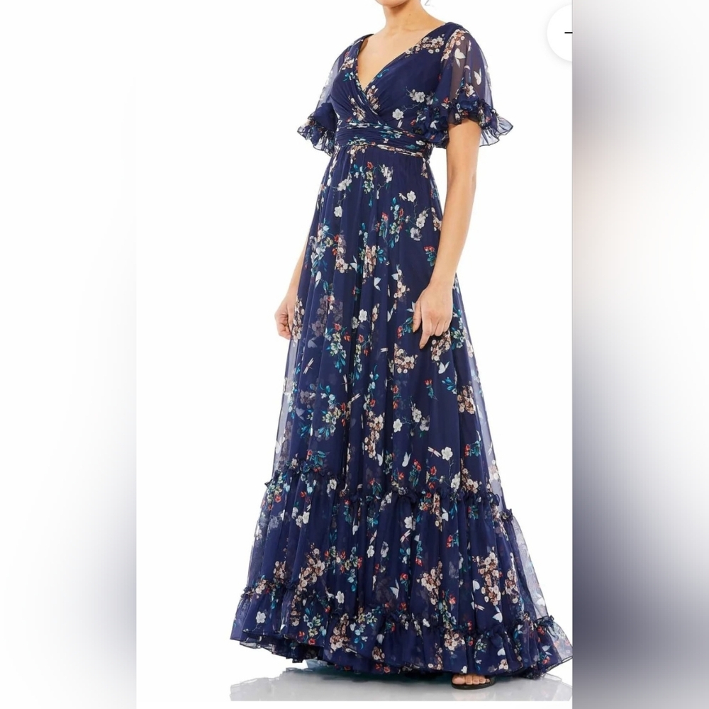 Mac Duggal Navy Blue Floral Print  Gown. Maxi Dress With Flutter Sleeves - Picture 2 of 7